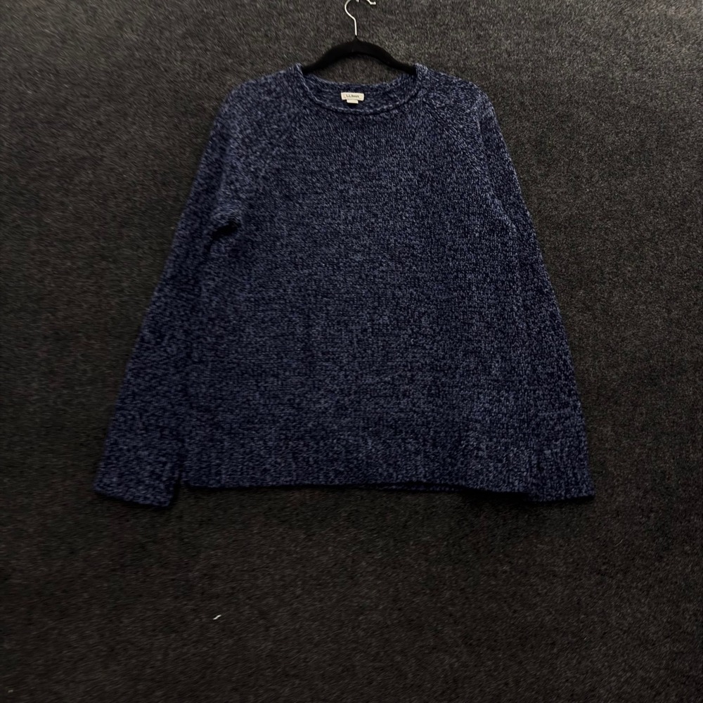 LL Bean Womens Navy Blue Marled 100% Wool Roll Neck Raglan Sweater Large L